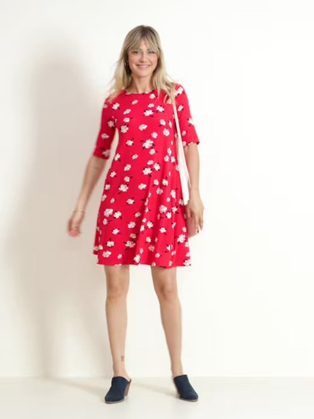 Old Navy Red White Floral Casual Boho Cottagecore Half Sleeve Swing Dress